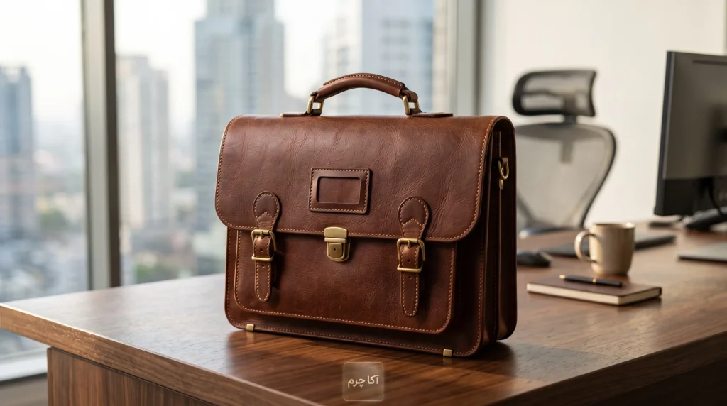 کیف اداری چرم طبیعی دست‌دوز تبریز روی میز کار رسمی